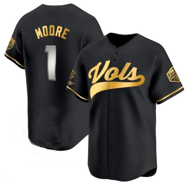 T.Volunteers #1 Christian Moore Black Gold 2024 Champions Vapor Limited Stitched American College Jersey